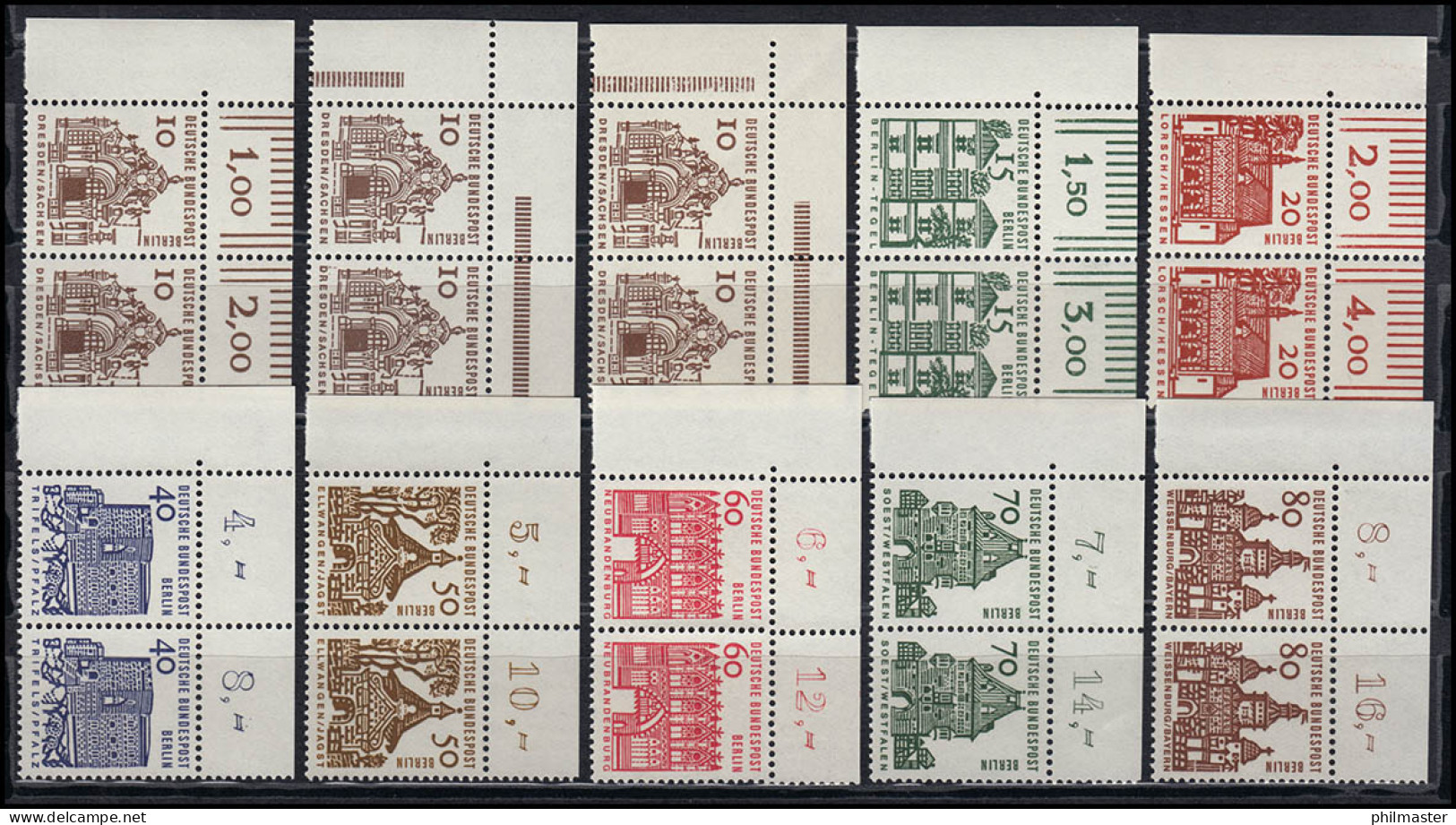 242-249 Bauwerke: Waagerechte Eck-Paare Oben Links, Kpl. Mit 242 Platte A Und B - Unused Stamps