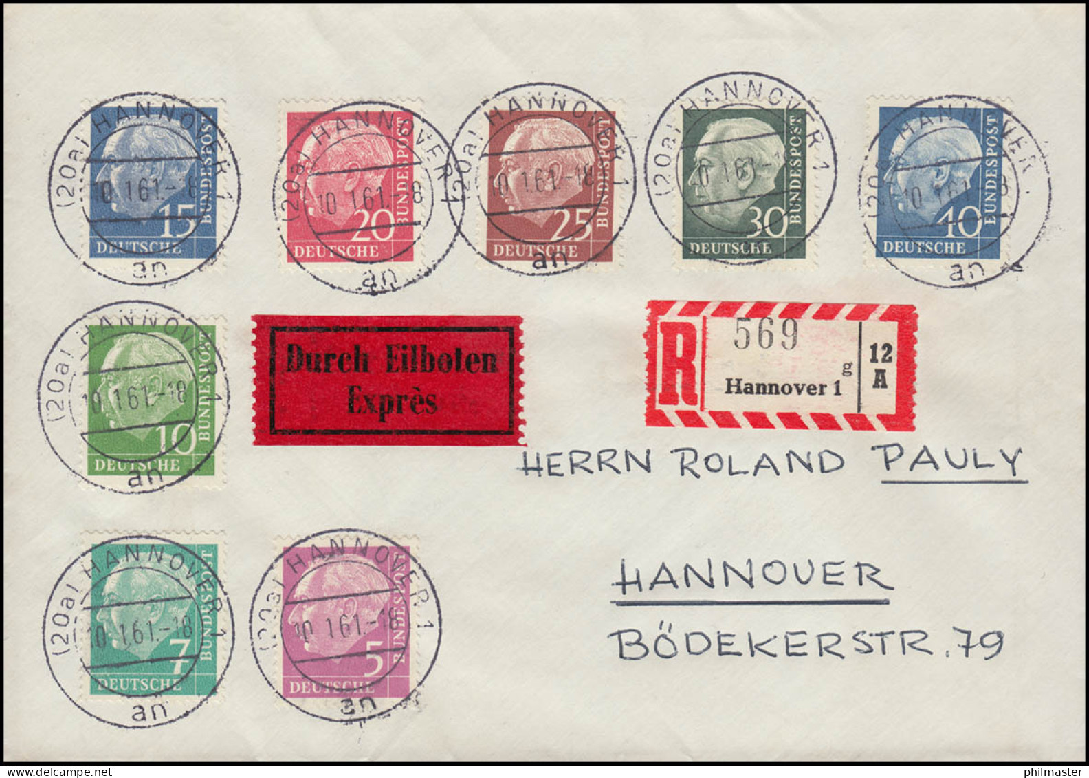 Heuss LUMOGEN 8 Werte Komplett 179-260y, R-Express-Bf. Hannover 10.1.61 - Cartas & Documentos