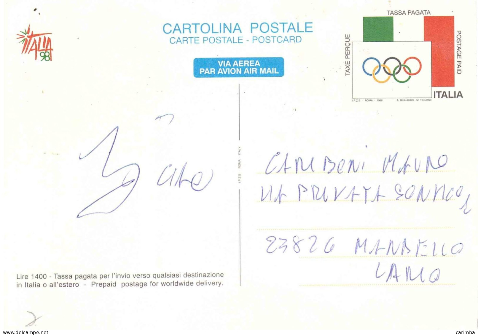 CARTOLINA POSTALE L.1400 ITALIA98 - Stamped Stationery