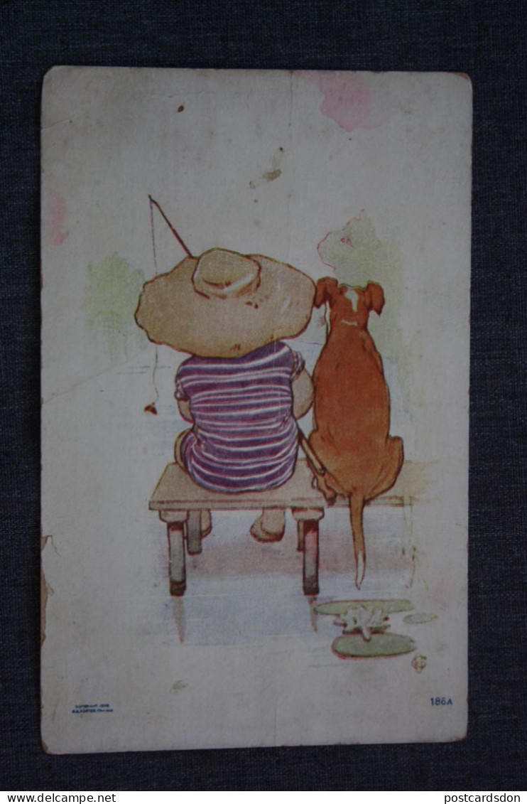 HUMOUR, COMICS -Vintage Postcard Child & Dog Sitting On Dock Fishing 1906 S S Porter Signed - Humour