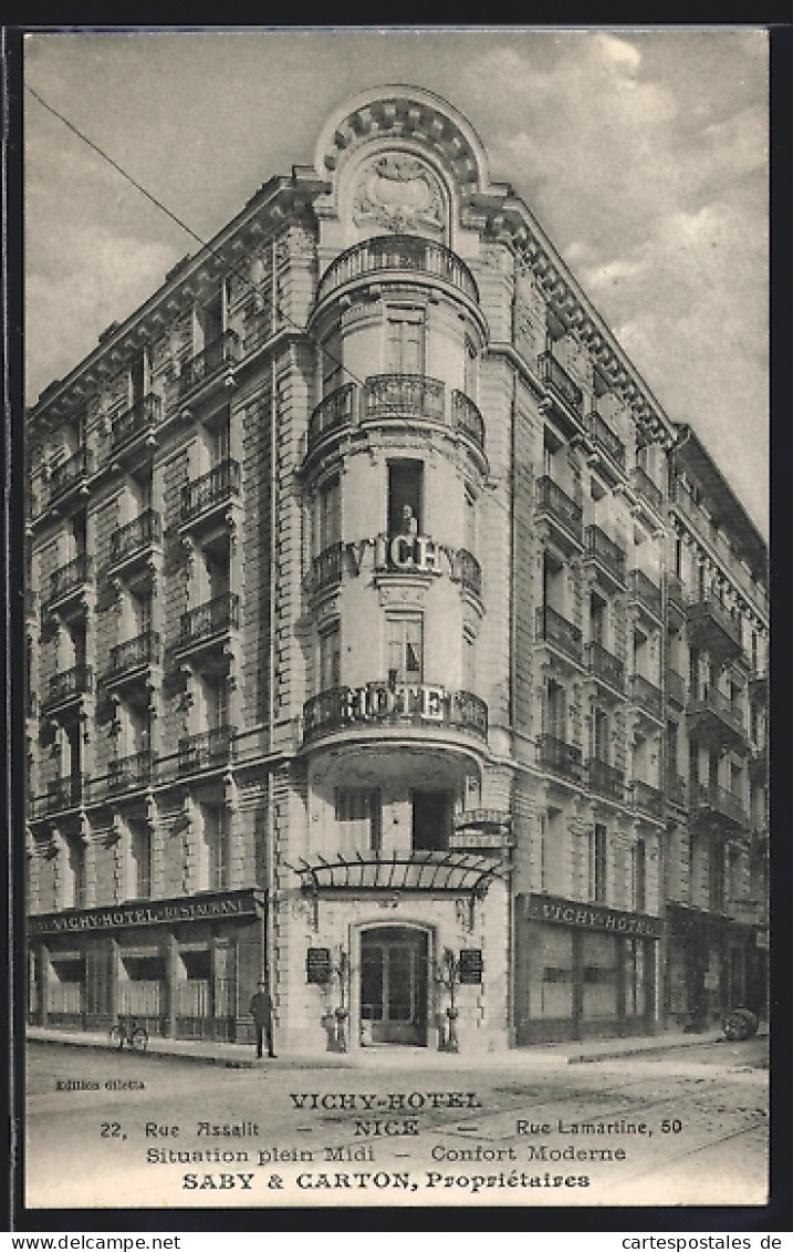 CPA Nice, Vichy Hotel, Rue Assalit, Rue Lamartine, 50  - Cafés, Hôtels, Restaurants
