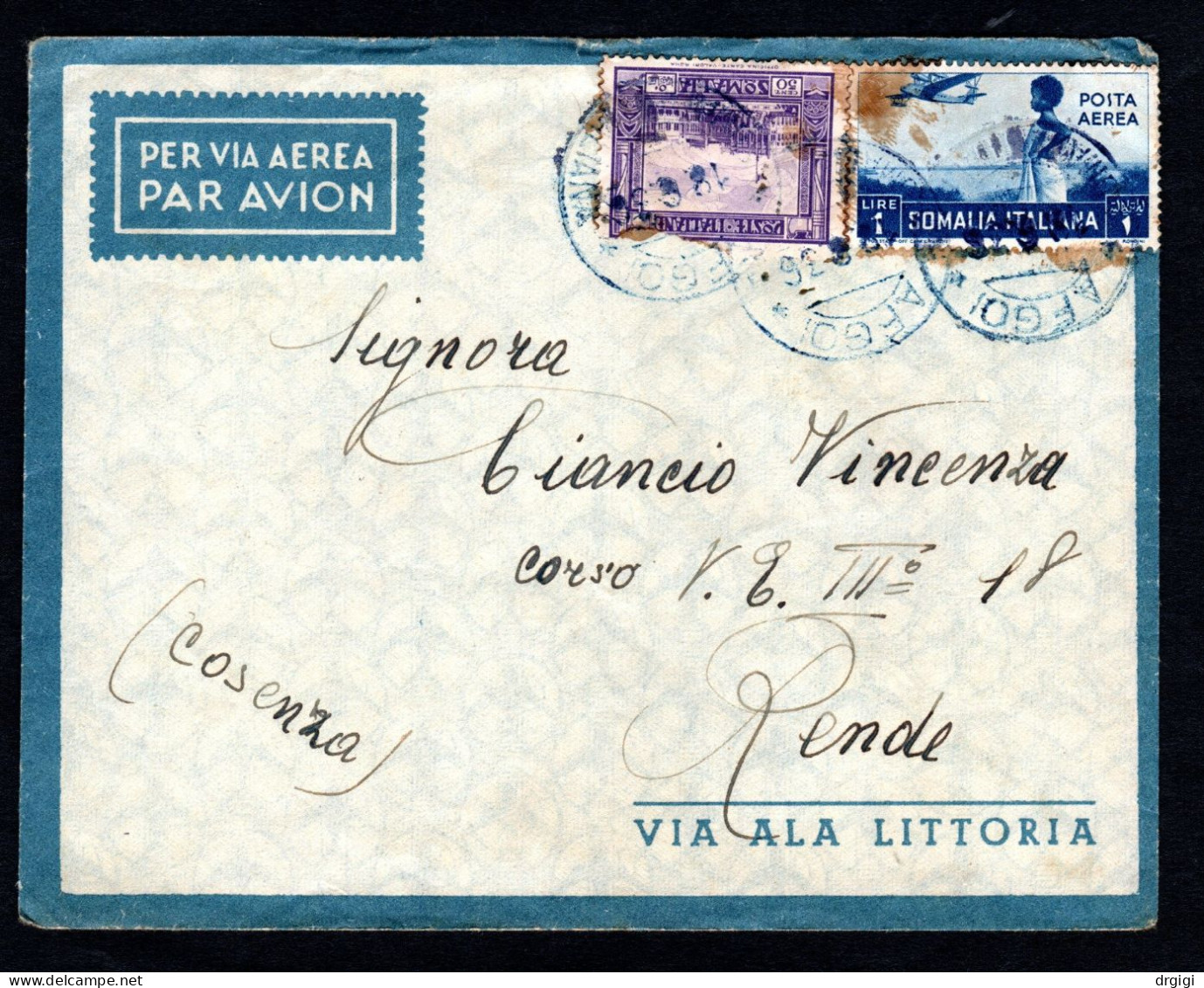 SOMALIA ITALIANA, BUSTA 1936, SASS. 221 + PA 21, AFGOI X RENDE, COSENZA, RARO - Somalie