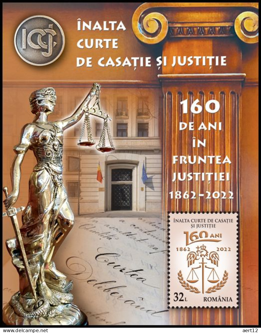 2022, Romania, Court Of Cassation And Justice, Anniversaries, Scales, Statues, Souvenir Sheet, MNH(**), LPMP 2371a - Neufs