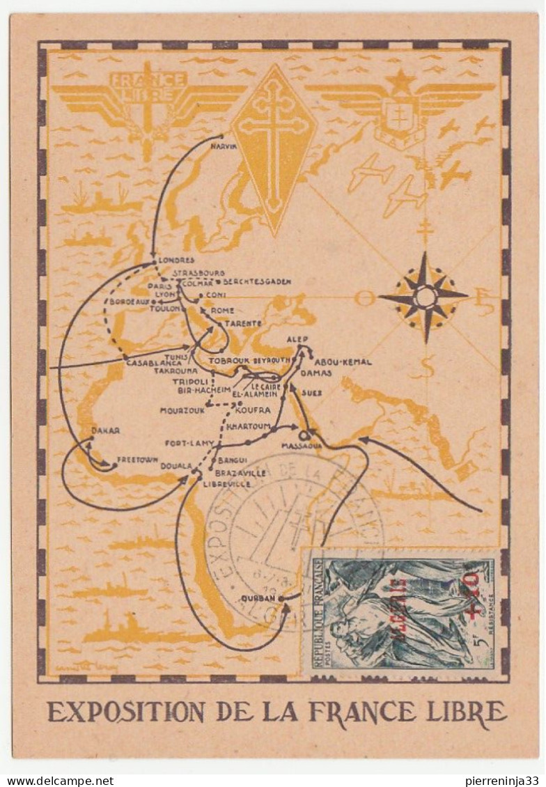 Carte Exposition De La France Libre, Alger, 1947, Avec Timbre Résistance Surchargé - Covers & Documents