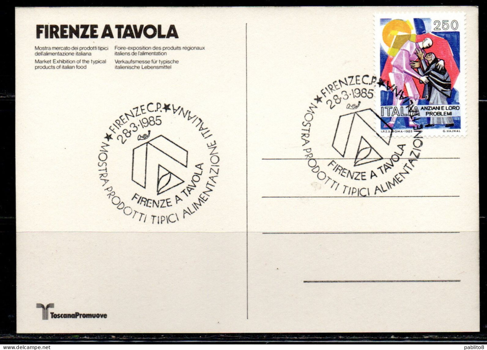 ITALIA ITALY 28 3 1985 FIRENZE A TAVOLA MOSTRA MERCATO PRODOTTI TIPICI ALIMENTAZIONE CARTOLINA ANNULLO MANIFESTAZIONE - 1981-90: Oblitérés