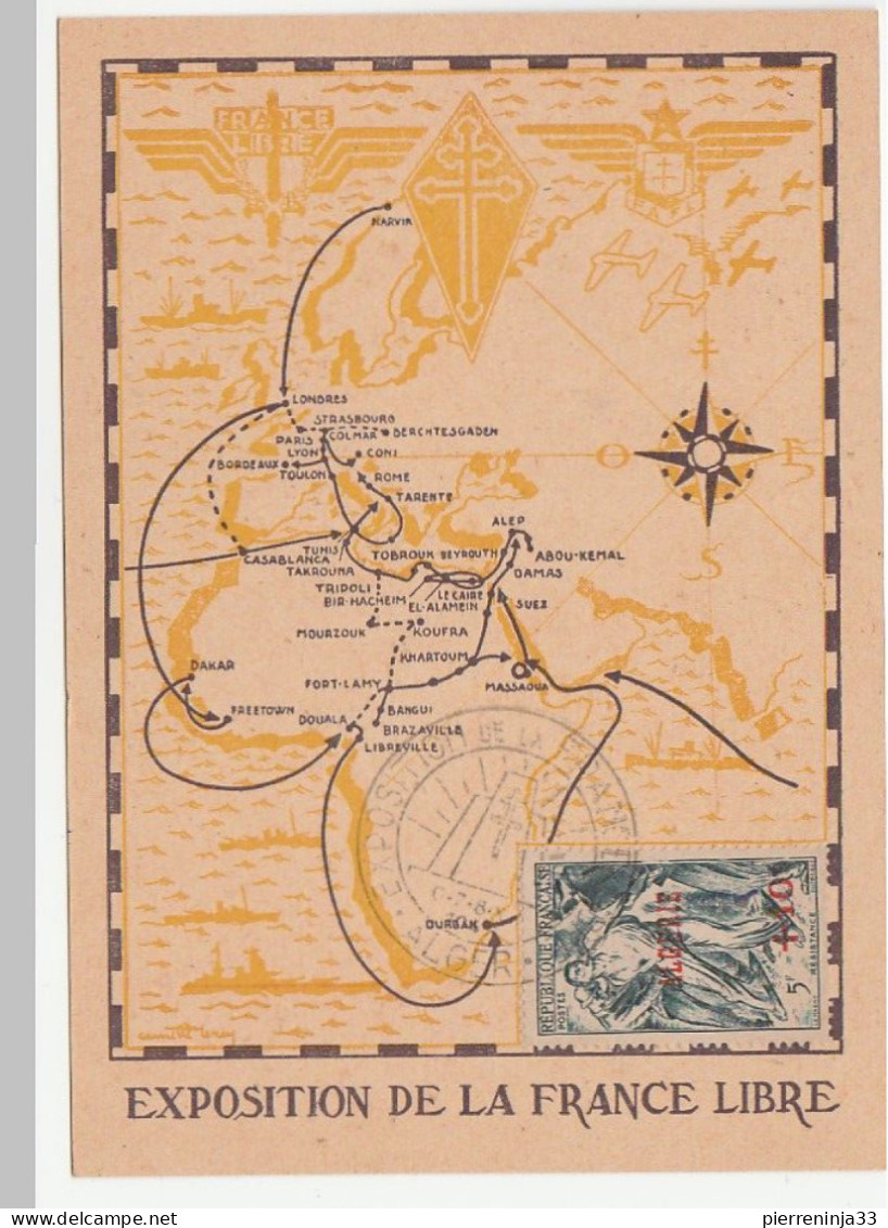 Carte Exposition De La France Libre, Alger, 1947, Avec Timbre Résistance Surchargé - Covers & Documents
