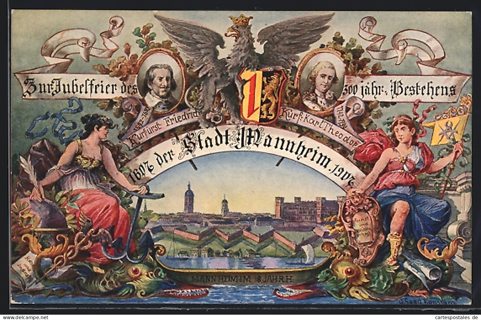 Künstler-AK Ganzsache PP27C90: Mannheim, Jubelfeier Des 300 Jähr. Bestehens 1907, Ansicht Aus Dem 18. Jahrhundert  - Cartes Postales