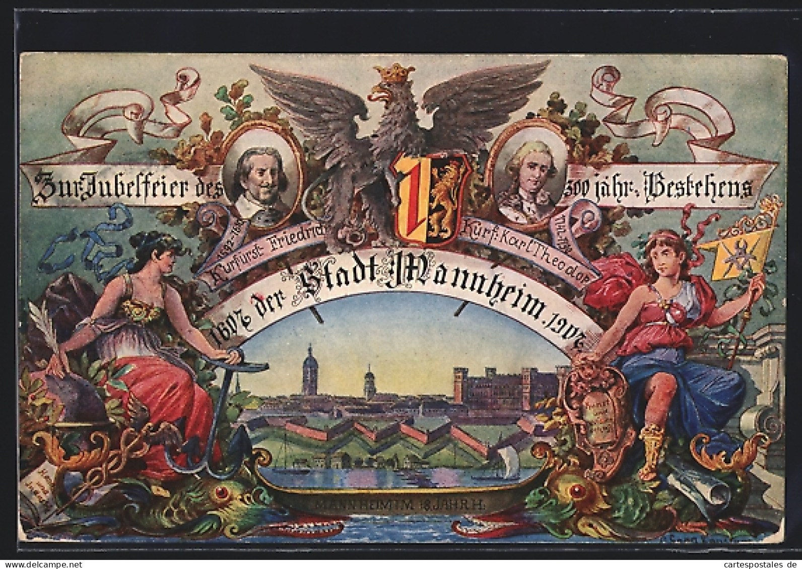 Künstler-AK Ganzsache PP27C90: Mannheim, Jubelfeier Des 300 Jähr. Bestehens 1907, Ansicht Im 18. Jahrhundert  - Cartes Postales