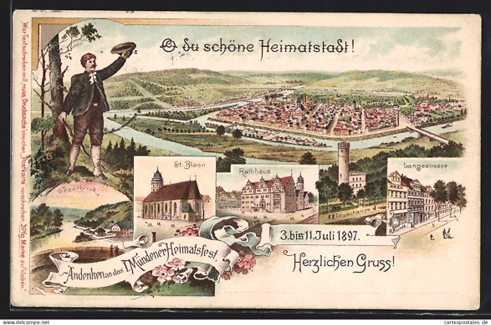 Lithographie Hann. Münden, Mündener Heimatsfest 1897, Weserblick, St. Blasii, Rathaus, Langestrasse, Ganzsache  - Postcards