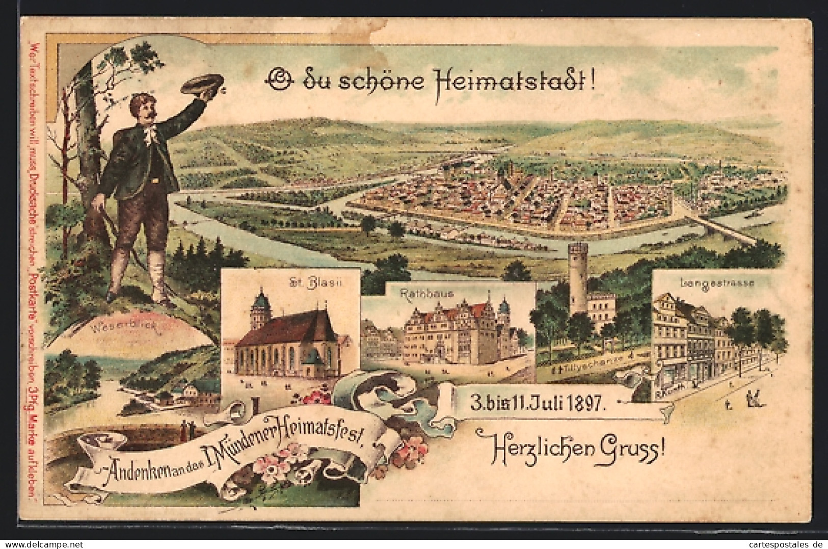 Lithographie Hann. Münden, 1. Mündener Heimatfest 1897, Langestrasse, Rathaus, St. Blasii, Ganzsache  - Cartes Postales