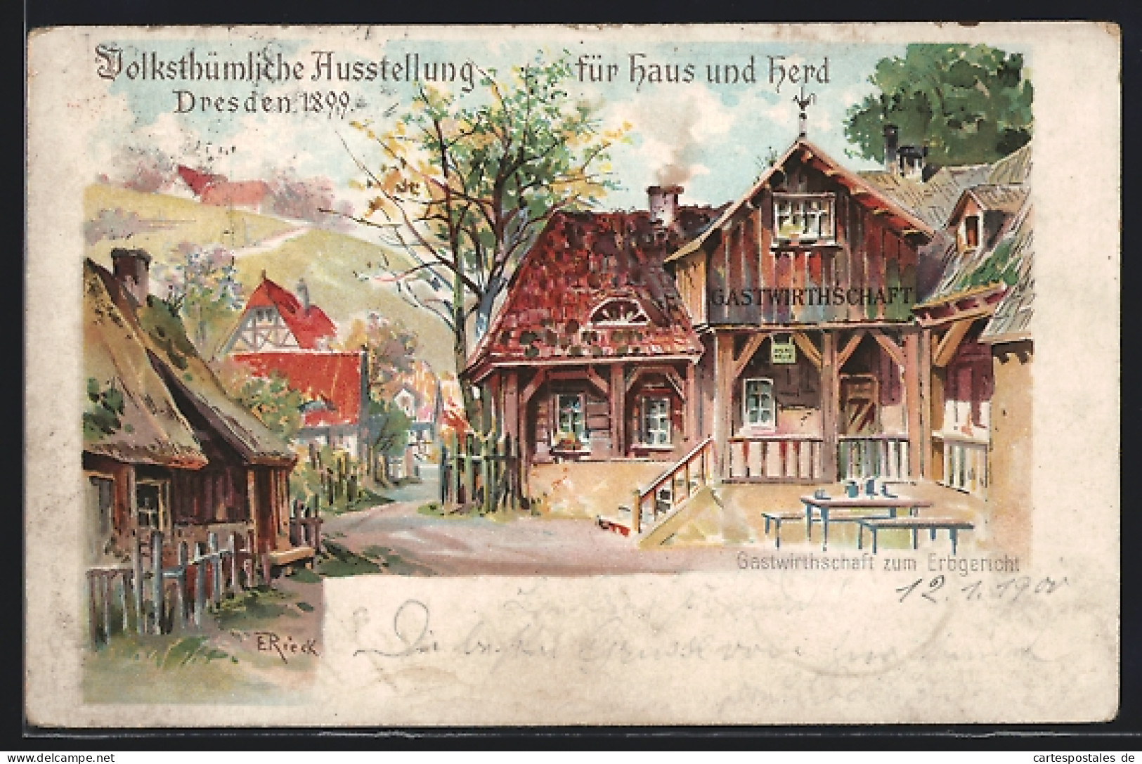 Künstler-AK Dresden, Volksthümliche Ausstellung Für Haus Und Herd 1899, Gasthof Zum Erbgericht, Ganzsache  - Tentoonstellingen