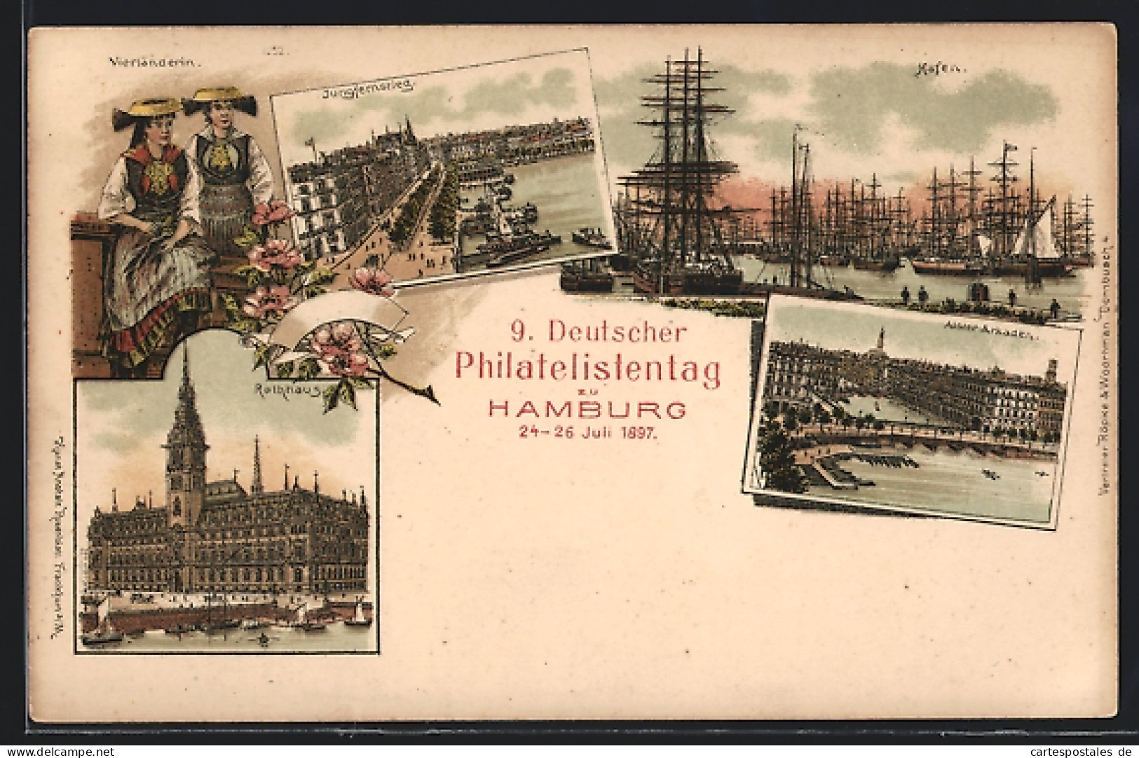 Lithographie Hamburg, 9. Deutscher Philatelistentag 1897, Hafen, Jungfernstieg, Alster Arkaden, Ganzsache  - Timbres (représentations)