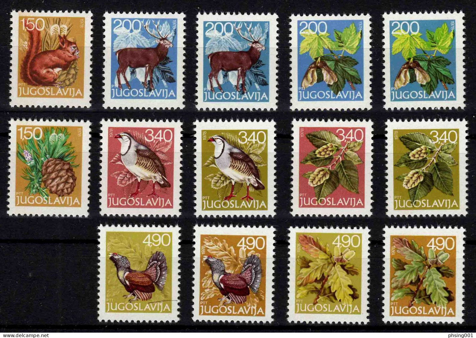 Yugoslavia 1978 New Year Fauna Animals Birds Red Deer Partridge Grouse Flora Sycamore Leaves, Complete Set 14 Value MNH - New Year