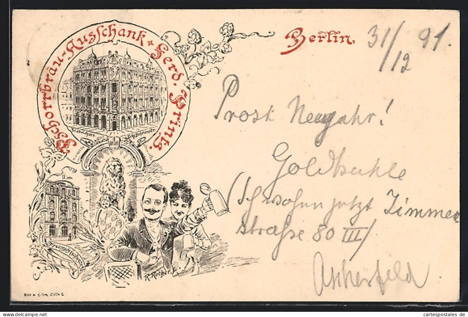 Vorläufer-Lithographie Berlin, 1891, Gasthaus Pschorrbräu-Ausschank Ferd. Printz, Friedrichstrasse 165, Ganzsache  - Cartes Postales