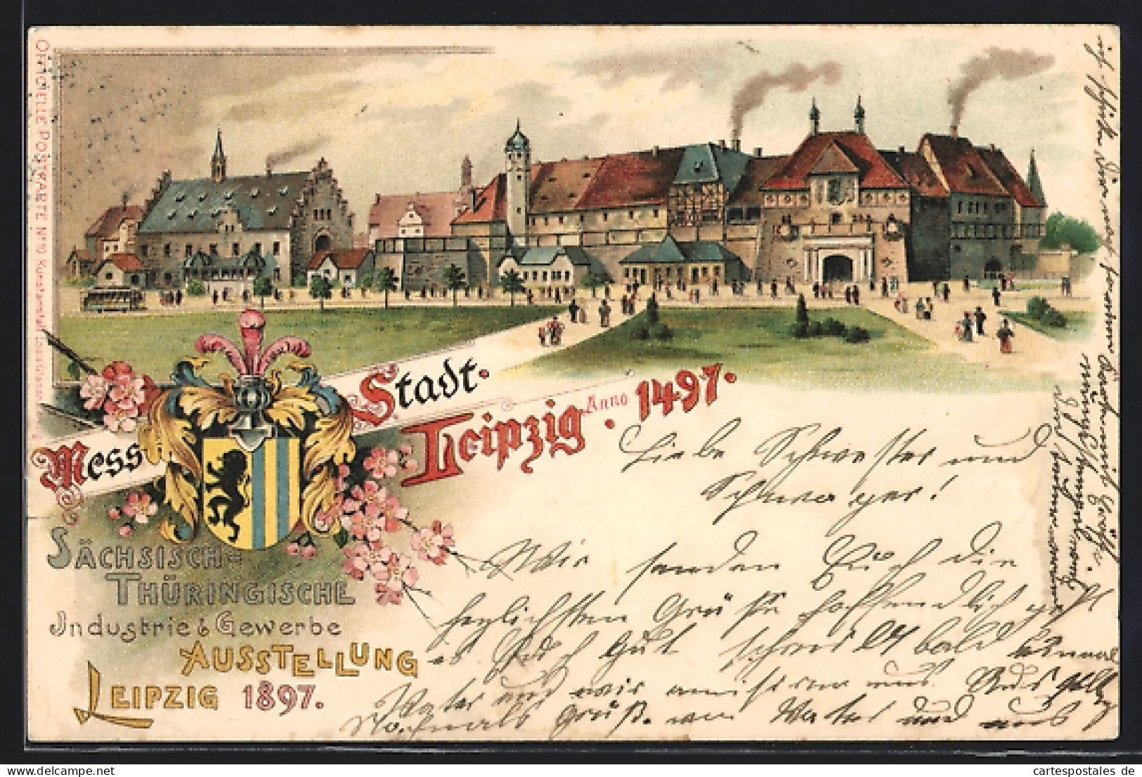 Lithographie Leipzig, Sächsisch-Thüringische Industrie- U. Gewerbe-Ausstellung 1897, Ortsansicht Anno 1497, Ganzsache  - Expositions