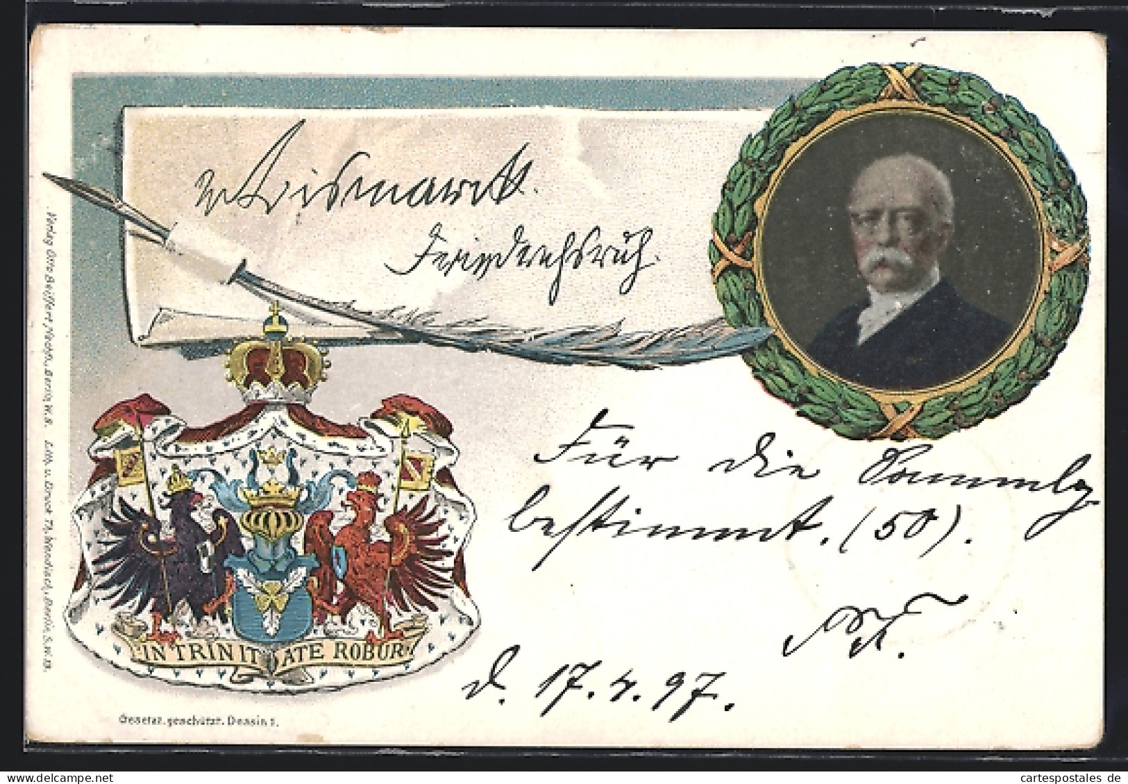 Künstler-AK Portrait Von Bismarck Mit Wappen, Ganzsache  - Personnages Historiques