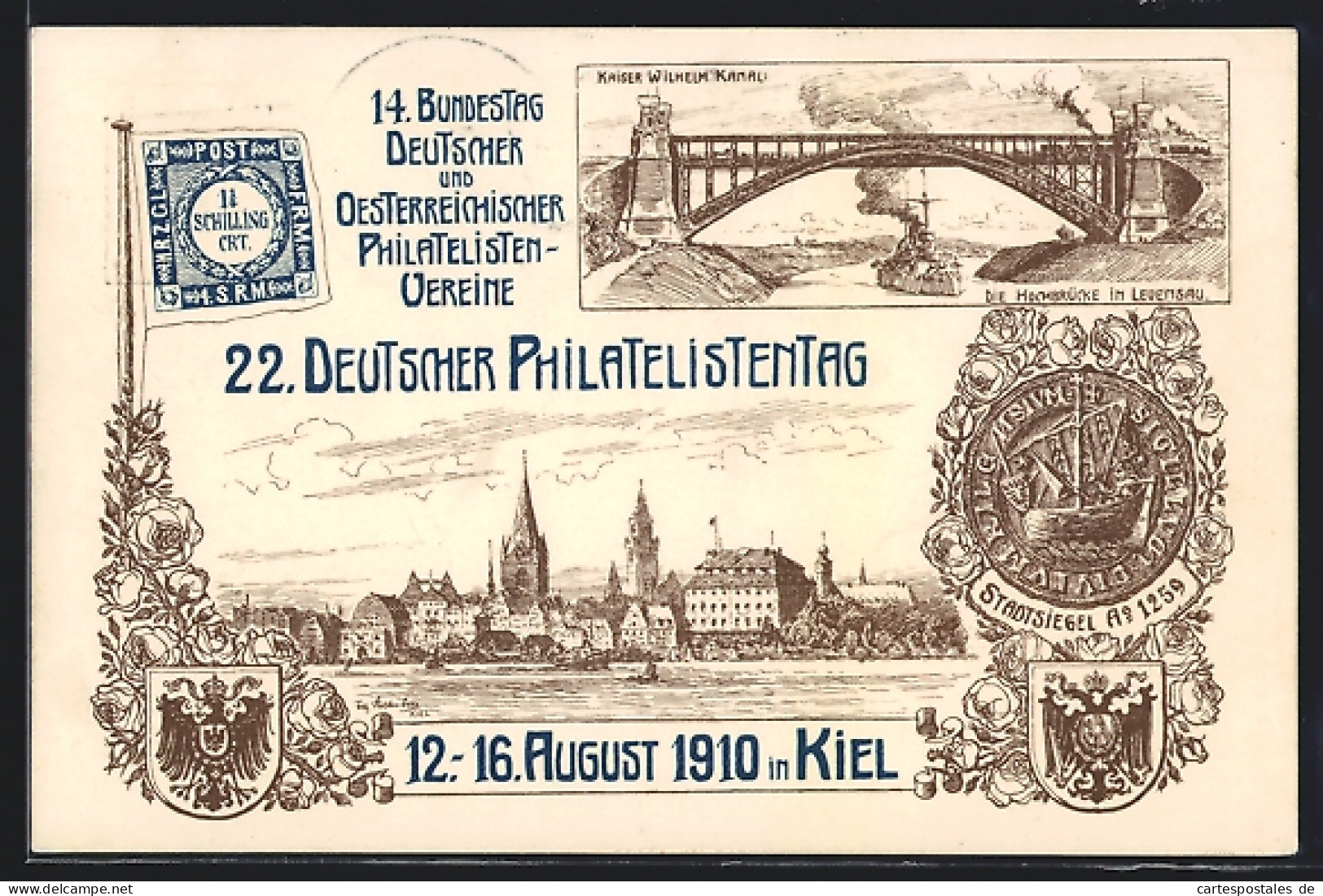 Künstler-AK Kiel, 22. Deutscher Philatelistentag 1910, Stadtsiegel, Levensauer Hochbrücke, Ganzsache  - Sellos (representaciones)