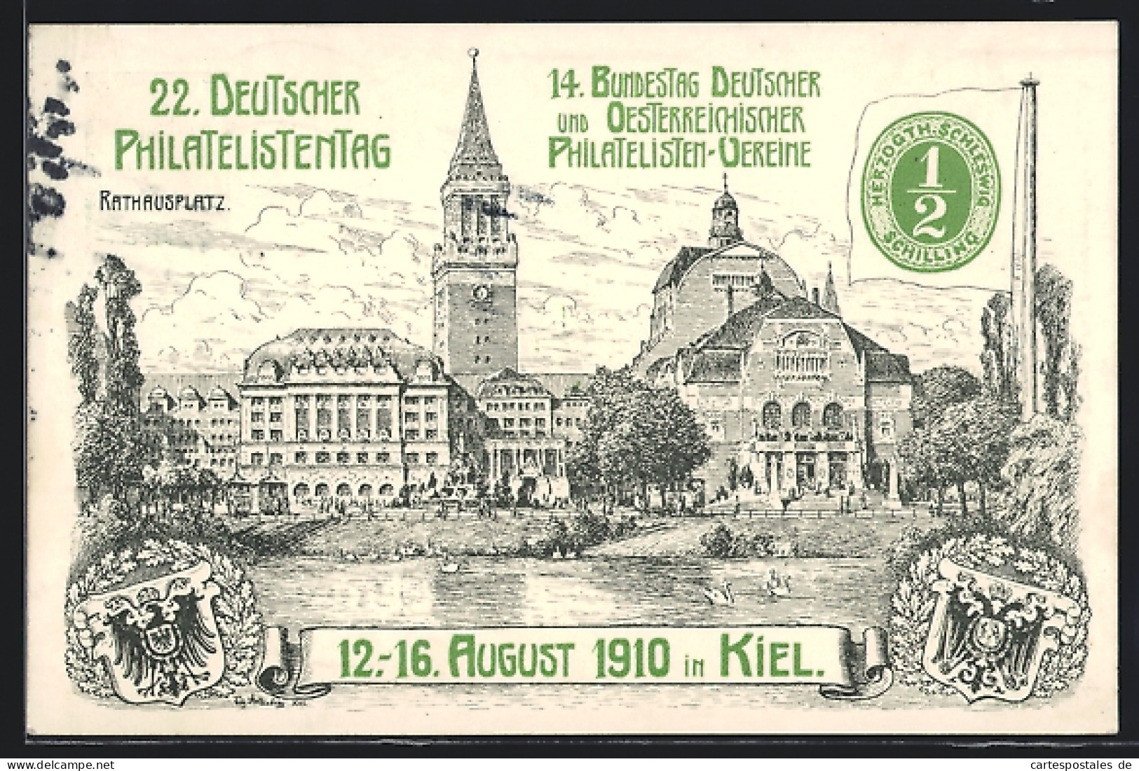 Lithographie Ganzsache PP27C117 /04: Kiel, 22. Deutscher Philatelistentag 1910, Rathausplatz, Ganzsache  - Timbres (représentations)