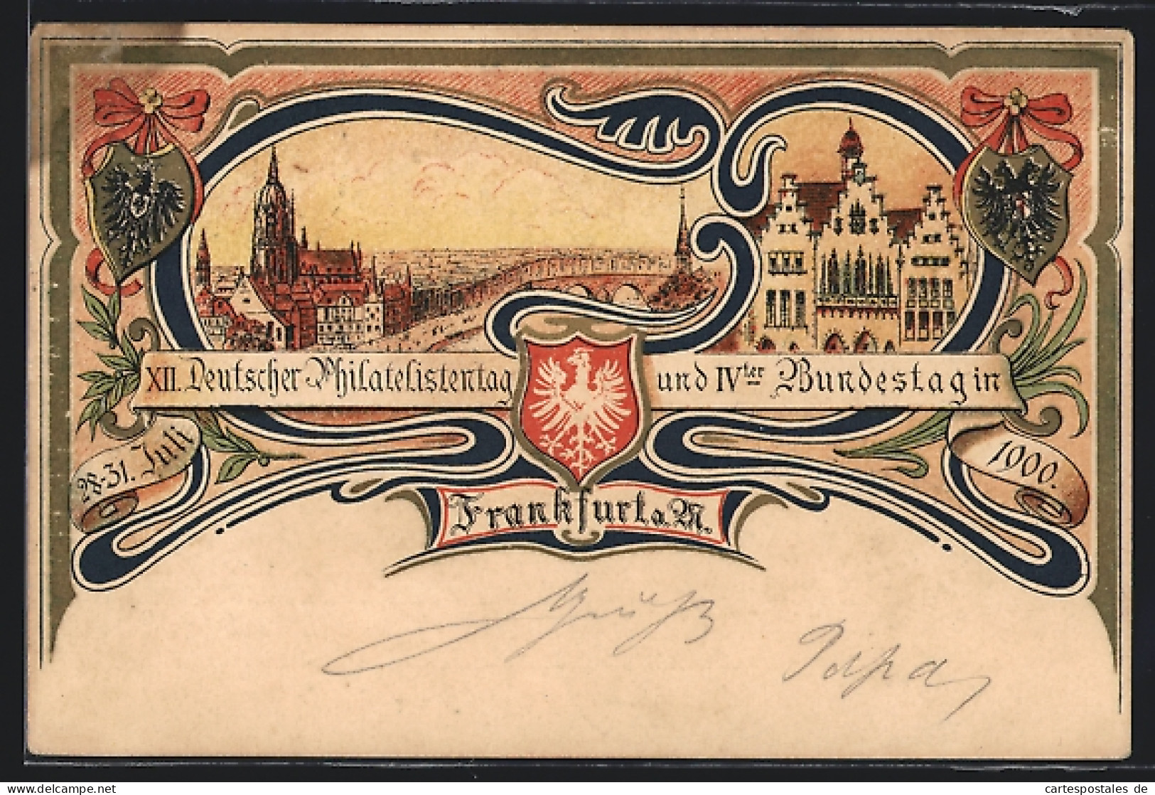 Künstler-AK Frankfurt A. M., XII. Deutscher Philatelistentag Und IV. Bundestag 1900, Ganzsache  - Timbres (représentations)