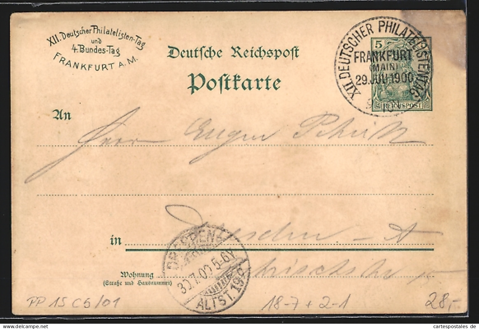 Künstler-AK Frankfurt A. M., XII. Deutscher Philatelistentag Und IV. Bundestag 1900, Ganzsache  - Briefmarken (Abbildungen)