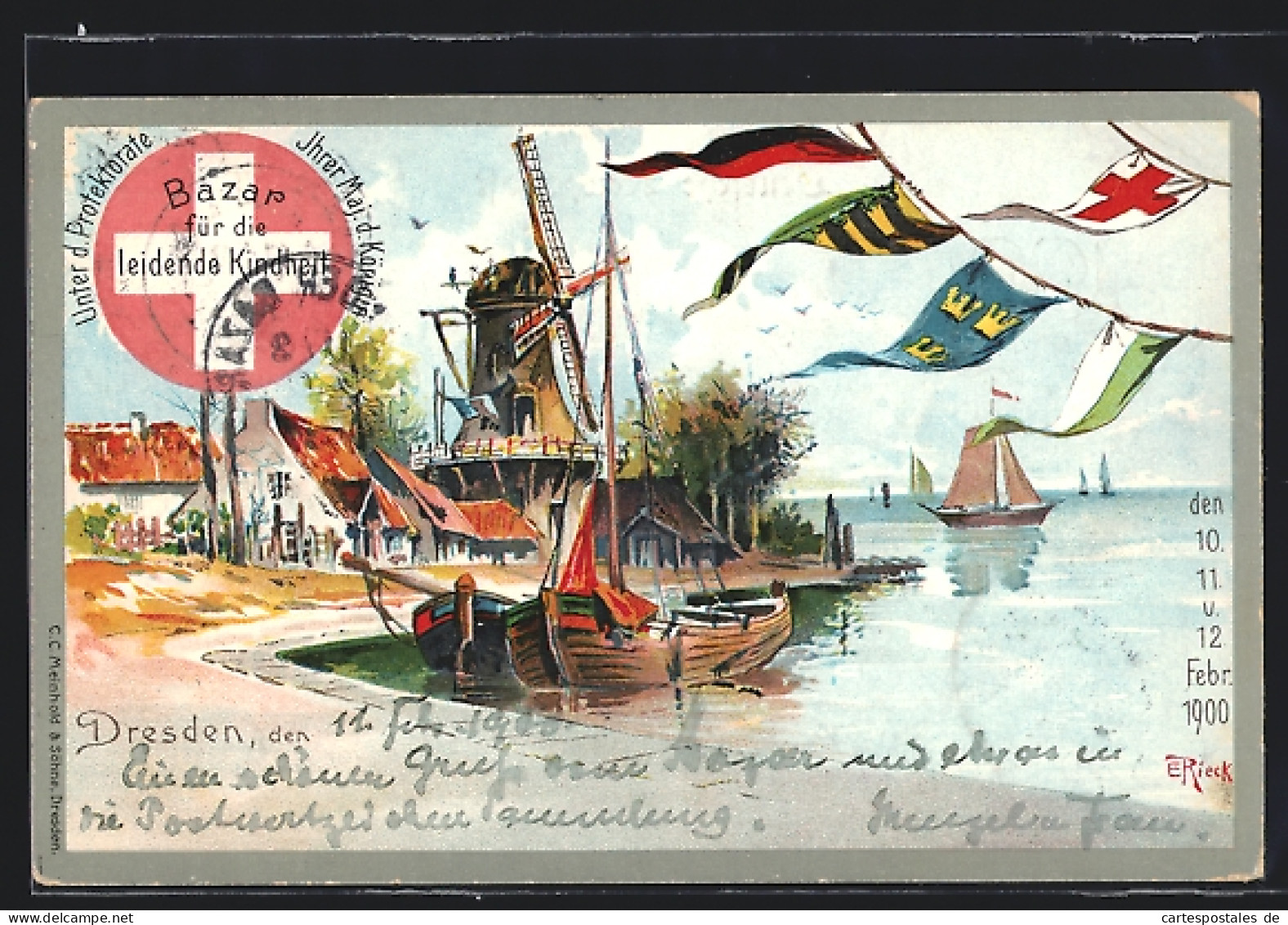 Lithographie Dresden, Bazar Für Die Leidende Kindheit 1900, Windmühle Am Ufer, Ganzsache  - Cartes Postales