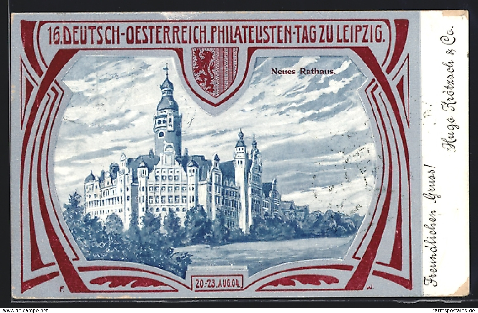 AK Leipzig, 16. Deutsch-Österreichischer Philatelistentag 1904, Neues Rathaus, Ganzsache  - Timbres (représentations)