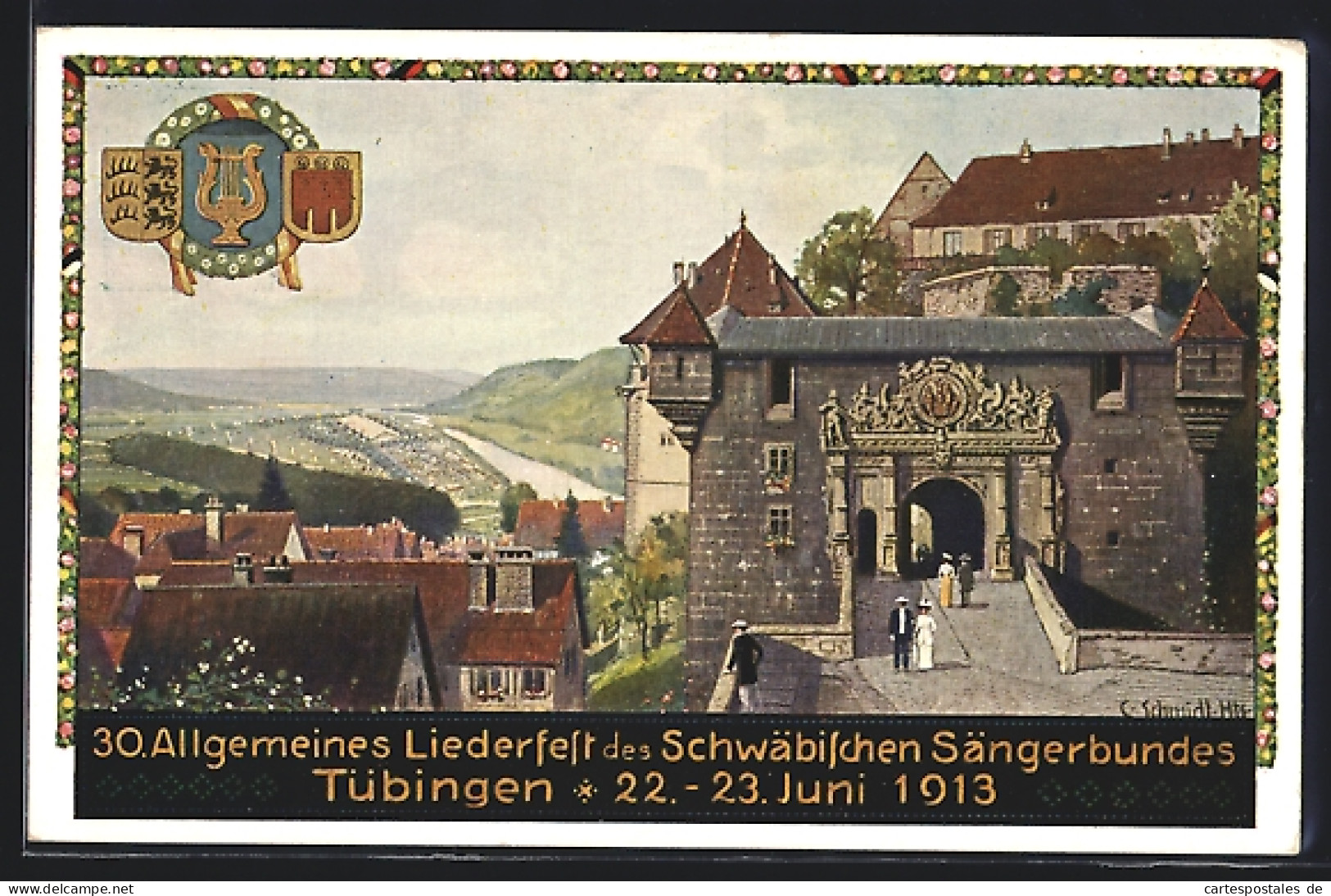 Künstler-AK Tübingen, 30. Allgem. Liederfest 1913, Hofeingang, Harfe, Ganzsache  - Postcards