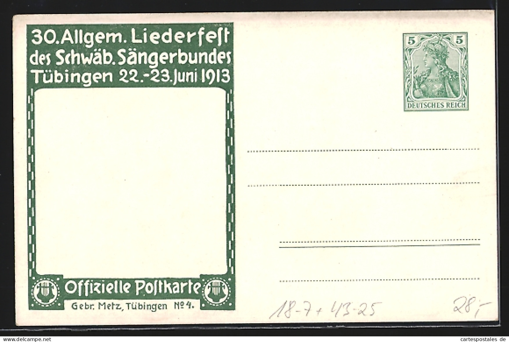 Künstler-AK Tübingen, 30. Allgem. Liederfest 1913, Hofeingang, Harfe, Ganzsache  - Cartes Postales