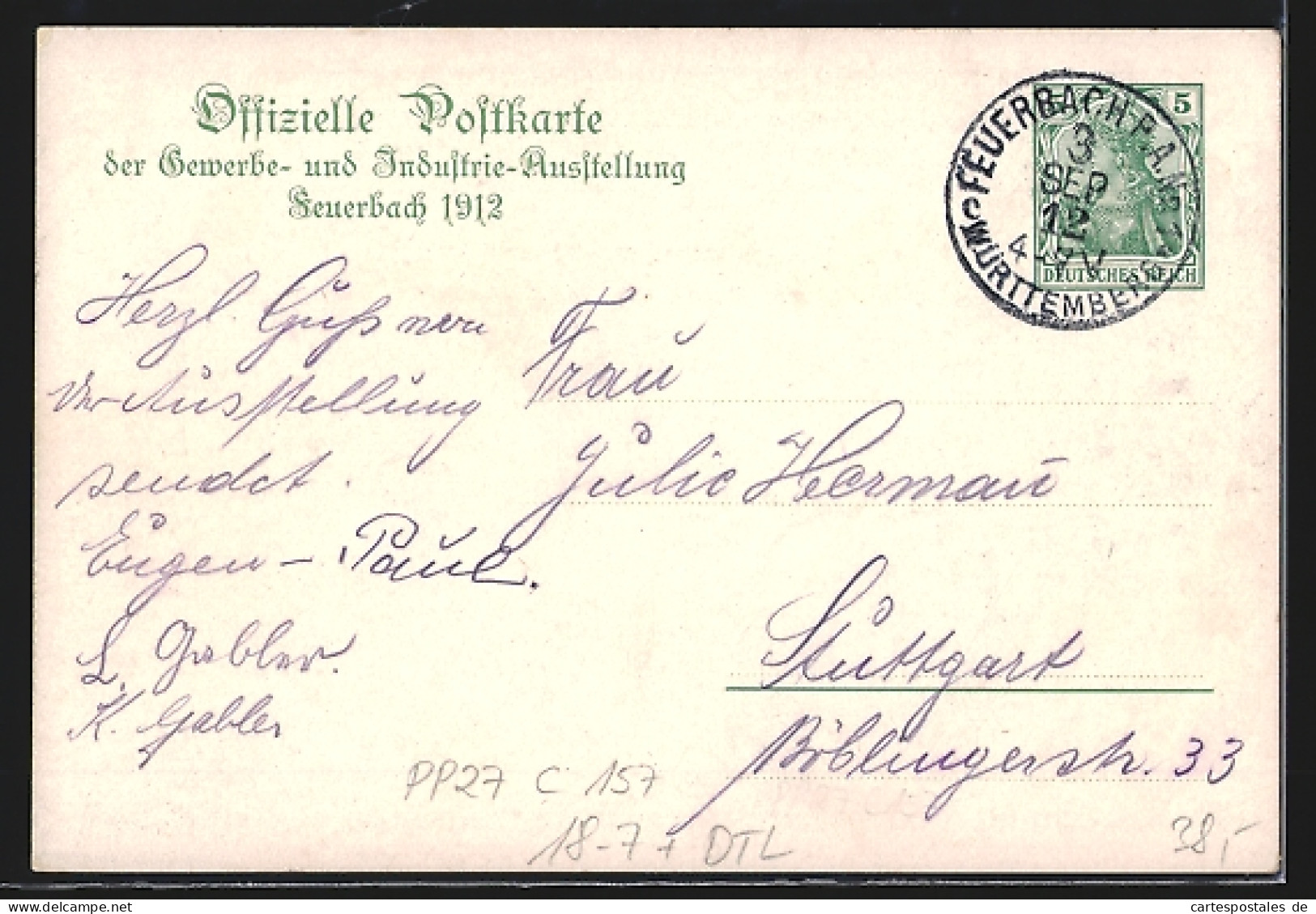 Künstler-AK Ganzsache PP27C157: Feuerbach, Gewerbe- Und Industrie-Ausstellung 1912  - Cartes Postales