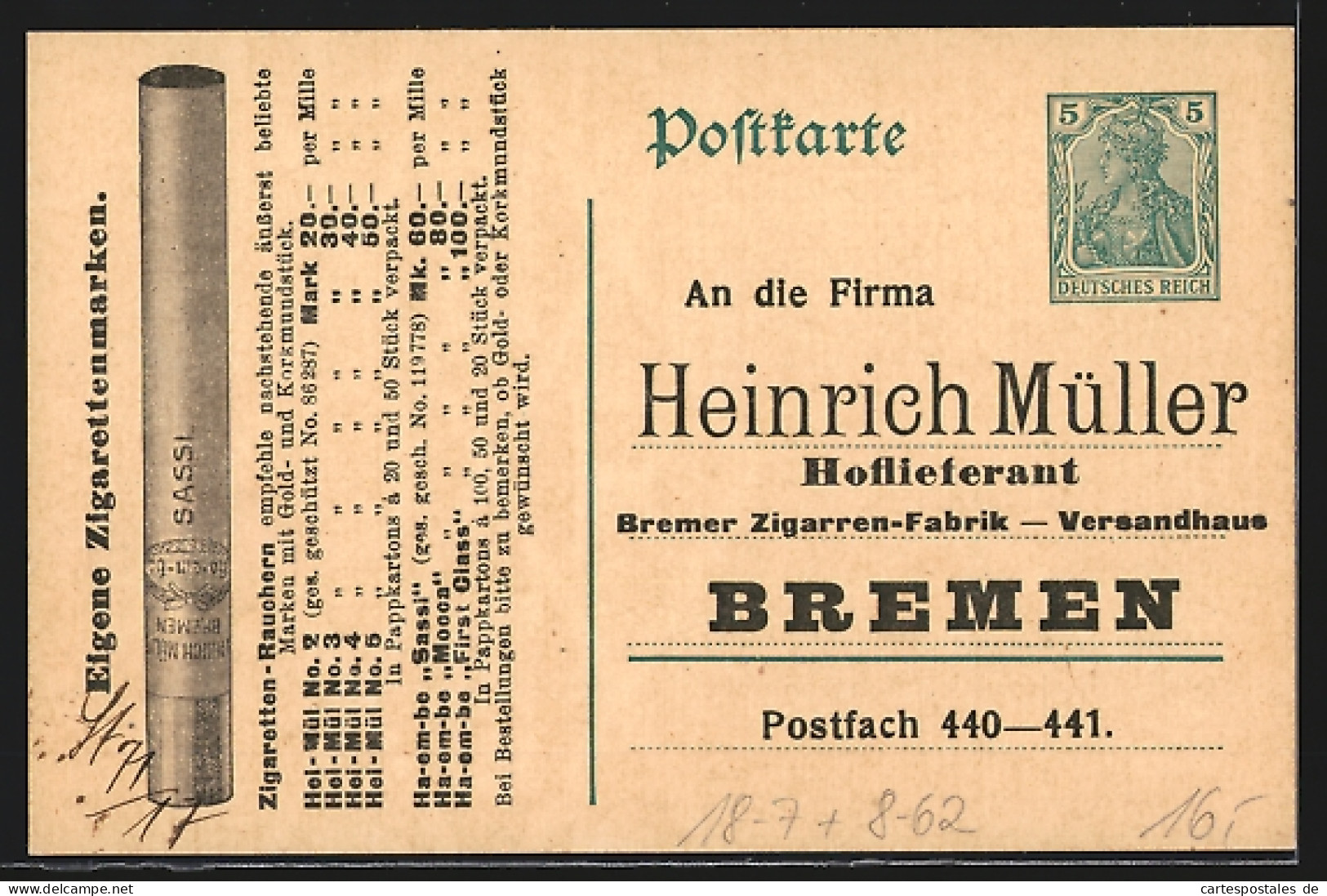 AK Bremen, Zigarren-Fabrik Heinrich Müller, Reklame Für Zigaretten, Ganzsache  - Cultures