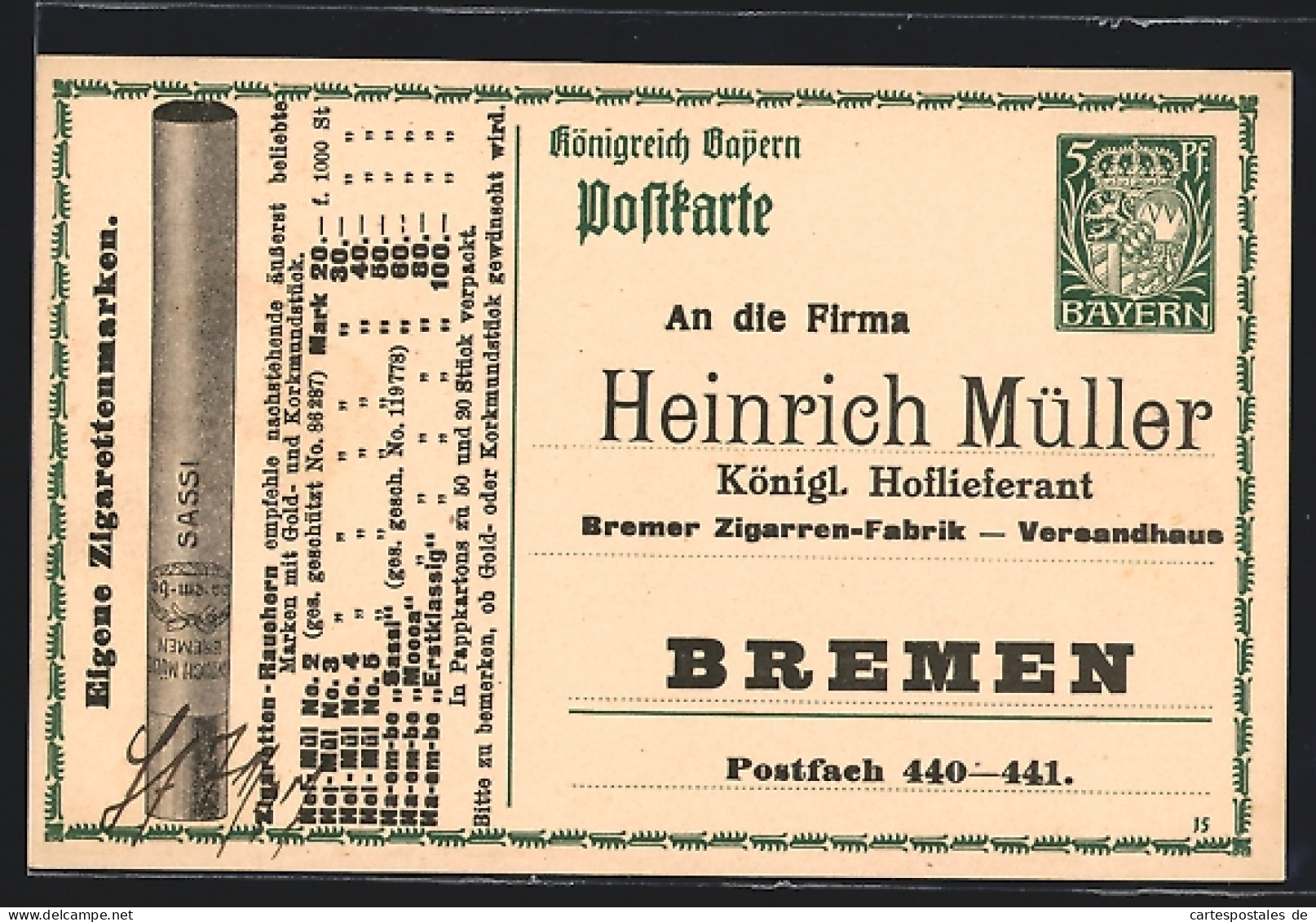 AK Bremen, Zigarren-Fabrik Heinrich Müller, Zigaretten-Reklame, Ganzsache  - Cultures