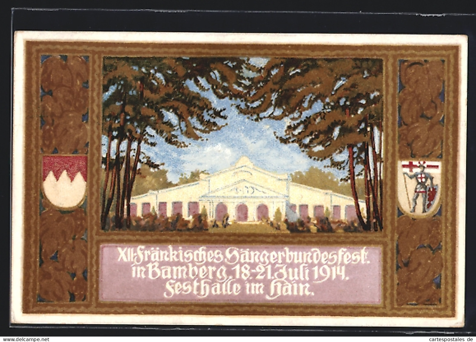Künstler-AK Ganzsache Bayern PP38C17 /04: Bamberg, XII. Fränkisches Sängerbundfest 1914, Festhalle Im Hain  - Postcards