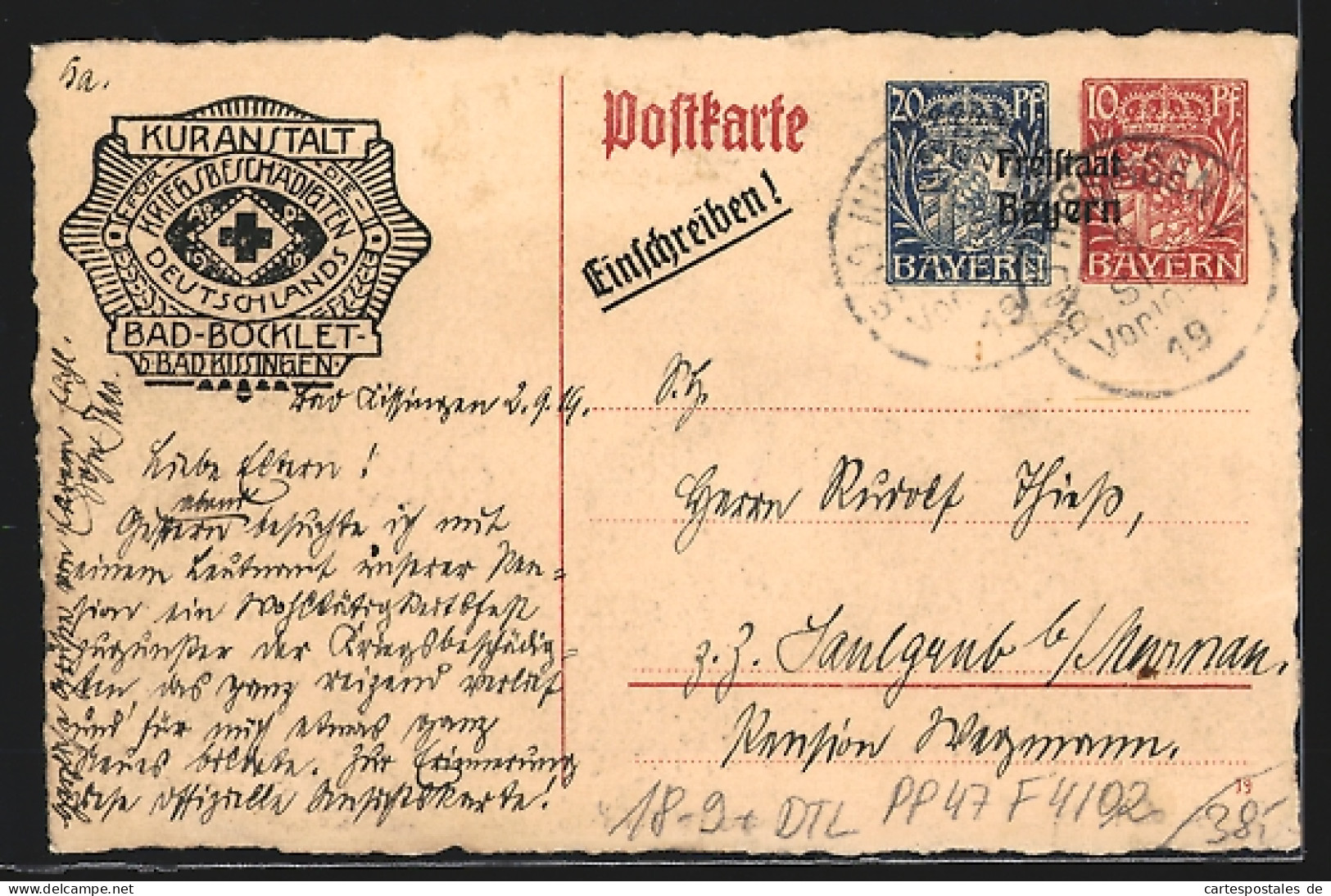AK Ganzsache Bayern PP47F4 /02: Bad Bocklet, Kuranstalt Für Deutsche Kriegsbeschädigte  - Cartes Postales