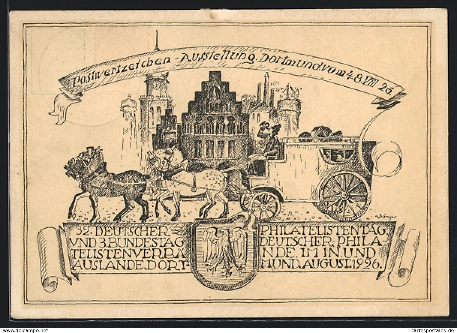 Künstler-AK Dortmund, Postwertzeichen-Ausstellung 1926, Postkutsche, Ganzsache  - Stamps (pictures)