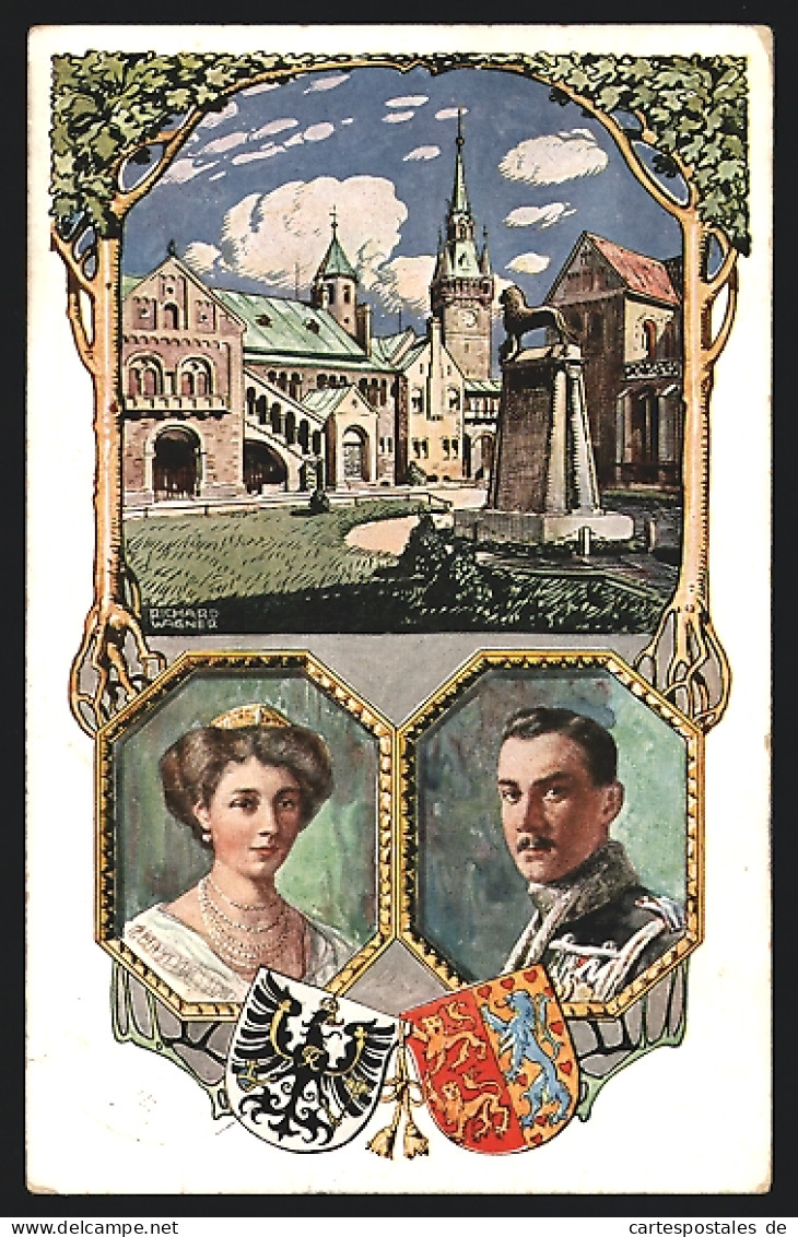 Künstler-AK Braunschweig, Platz Mit Denkmal, Victoria Luise Und Ernst August Von Braunschweig, Wappen, Ganzsache  - Königshäuser