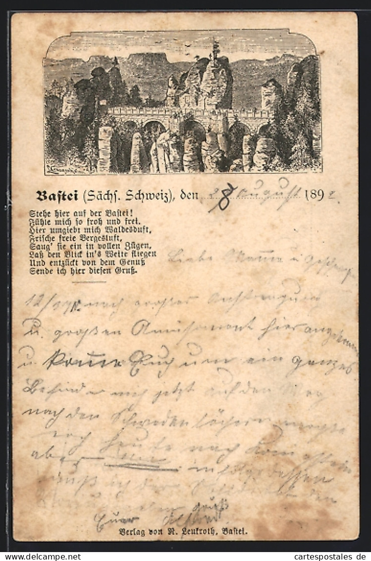 Vorläufer-Lithographie Bastei /Sächsische Schweiz, 1892, Basteifelsen Und Landschaft Der Sächsischen Schweiz, Ganzs  - Cartes Postales