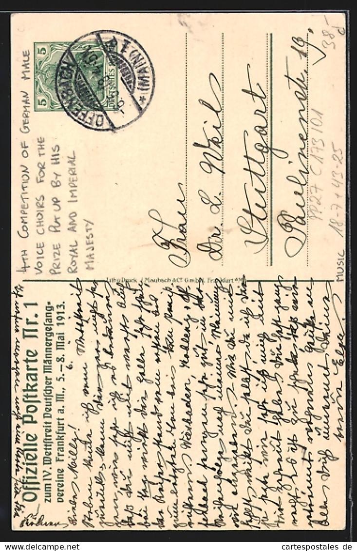 Künstler-AK Ganzsache PP27C173 /01: Frankfurt A. M., IV. Wettstreit Deutscher Männer-Gesangvereine 1913  - Cartes Postales