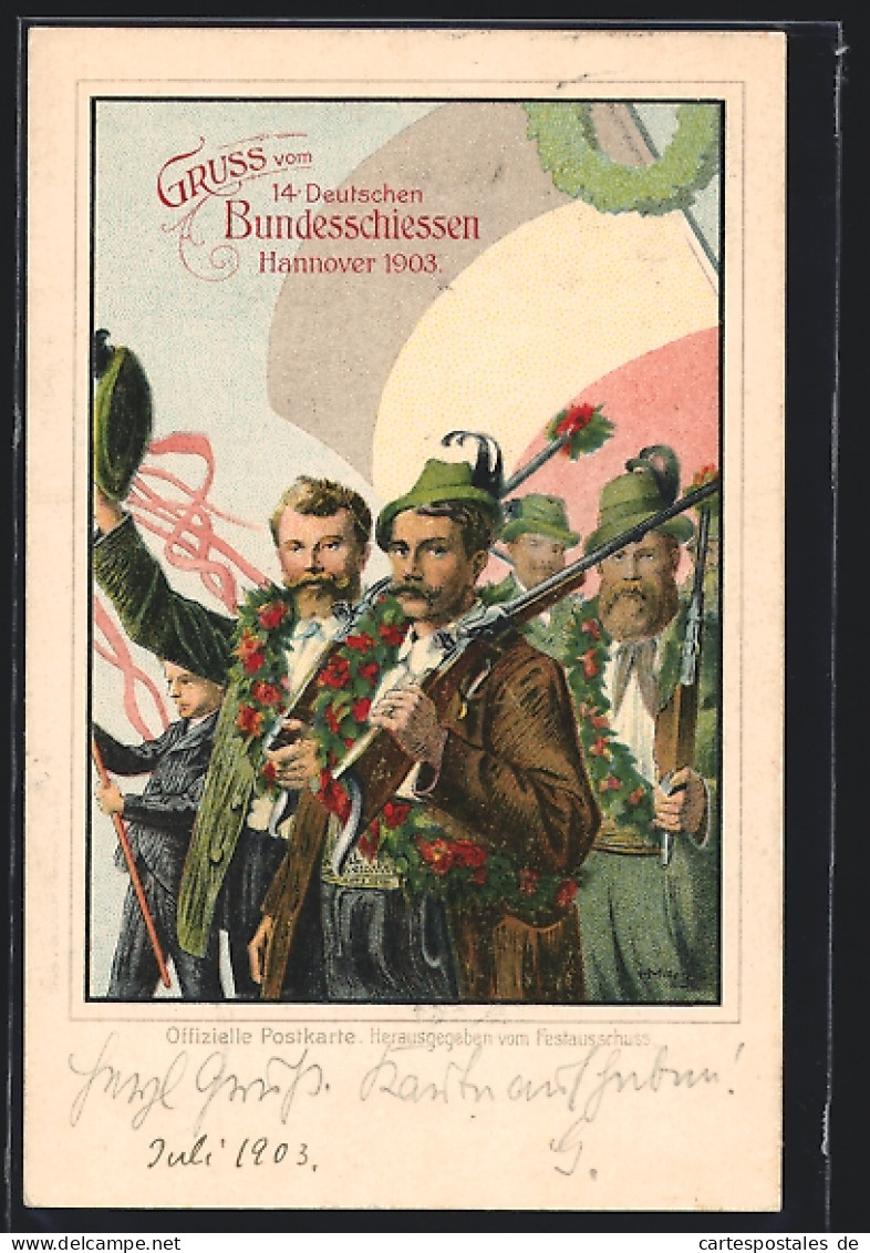 Lithographie Hannover, 14. Deutsches Bundesschiessen 1903, Zug Der Schützen, Ganzsache 5 Pf.  - Hunting