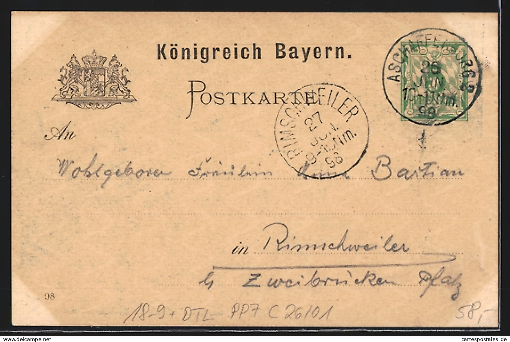 Lithographie Ganzsache Bayern PP7C26 /01: Aschaffenburg, 450 Jährige Jubelfeier Der Kgl. Priv. Schützengesellschaft   - Postcards