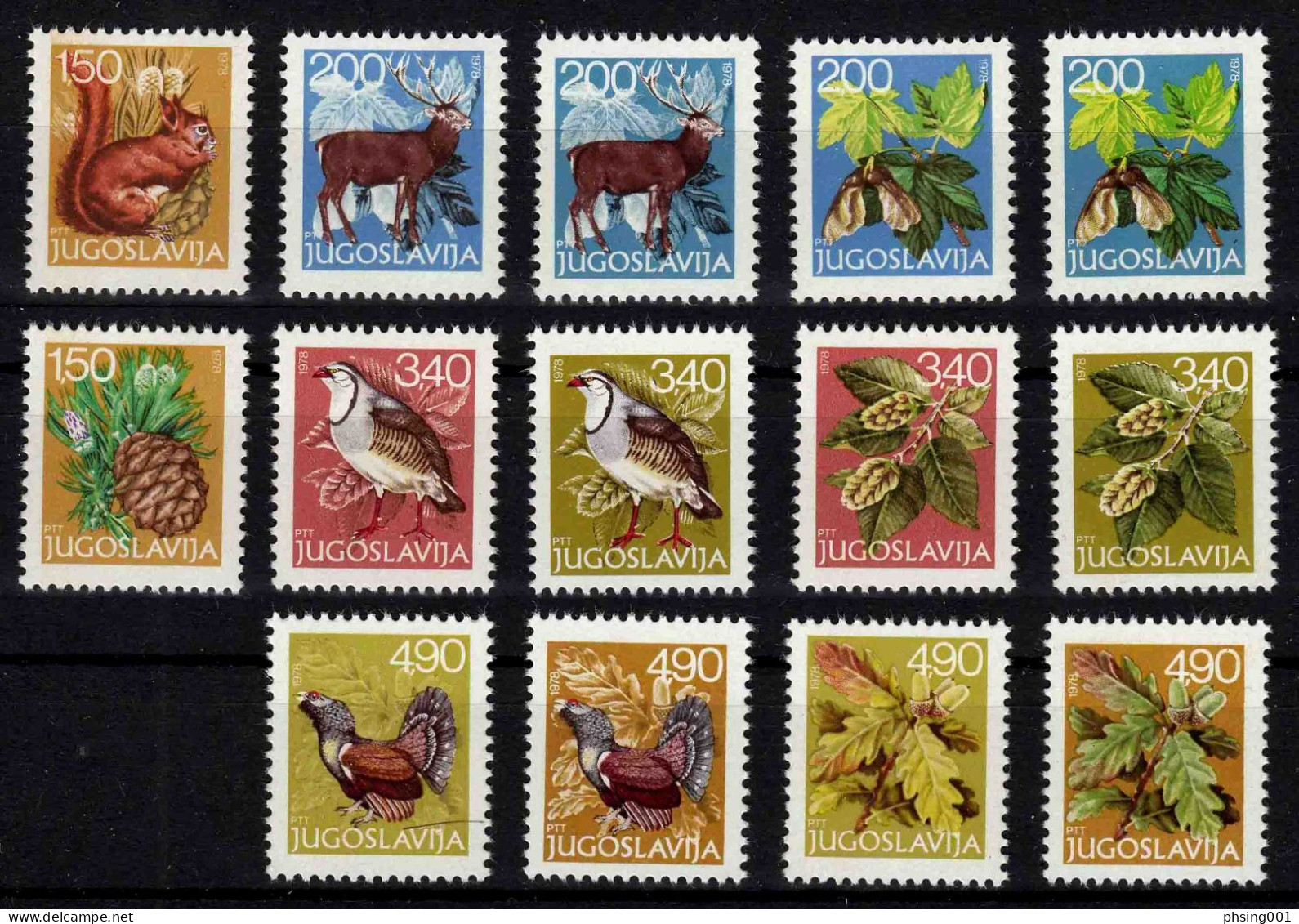 Yugoslavia 1978 New Year Fauna Animals Birds Red Deer Partridge Grouse Flora Sycamore Leaves, Complete Set 14 Value MNH - Unused Stamps