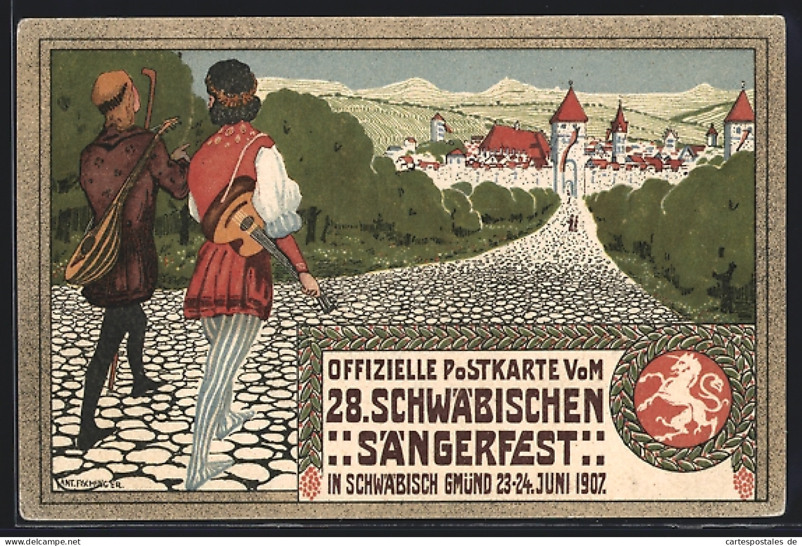 Künstler-AK Schwäbisch Gmünd, 28. Schwäbisches Sängerfest 1907, Festpostkarte, Ganzsache, Sänger Auf Wanderschaft  - Postcards