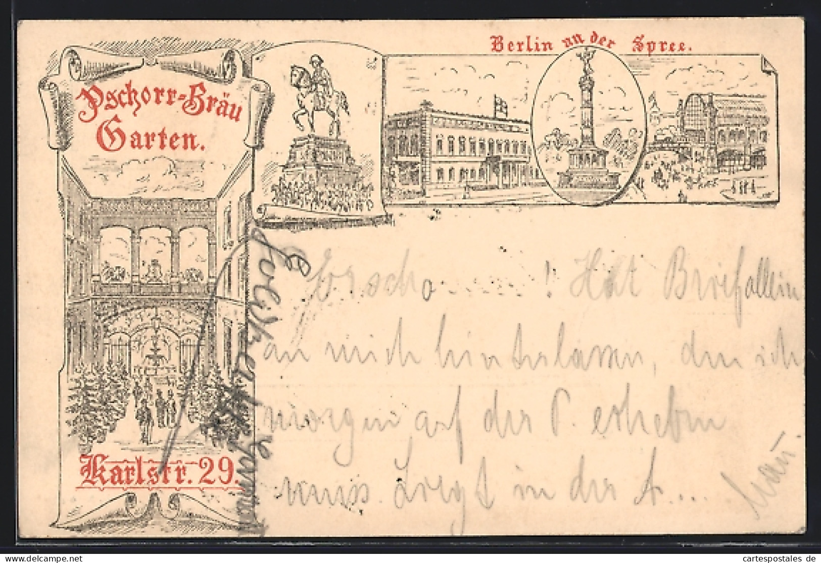Vorläufer-Lithographie Ganzsache Frech Unbekannt: Berlin, 1891, Gasthaus Pschorr-Bräu-Garten, Karlstrasse 29, Sieges  - Postcards