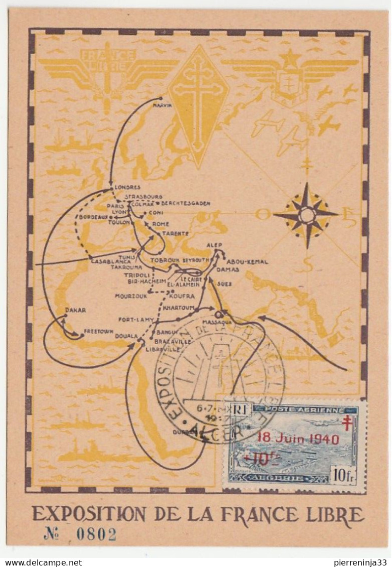 Carte Exposition De La France Libre, Alger, 1947, Avec Timbre Aviation Surchargé - Covers & Documents