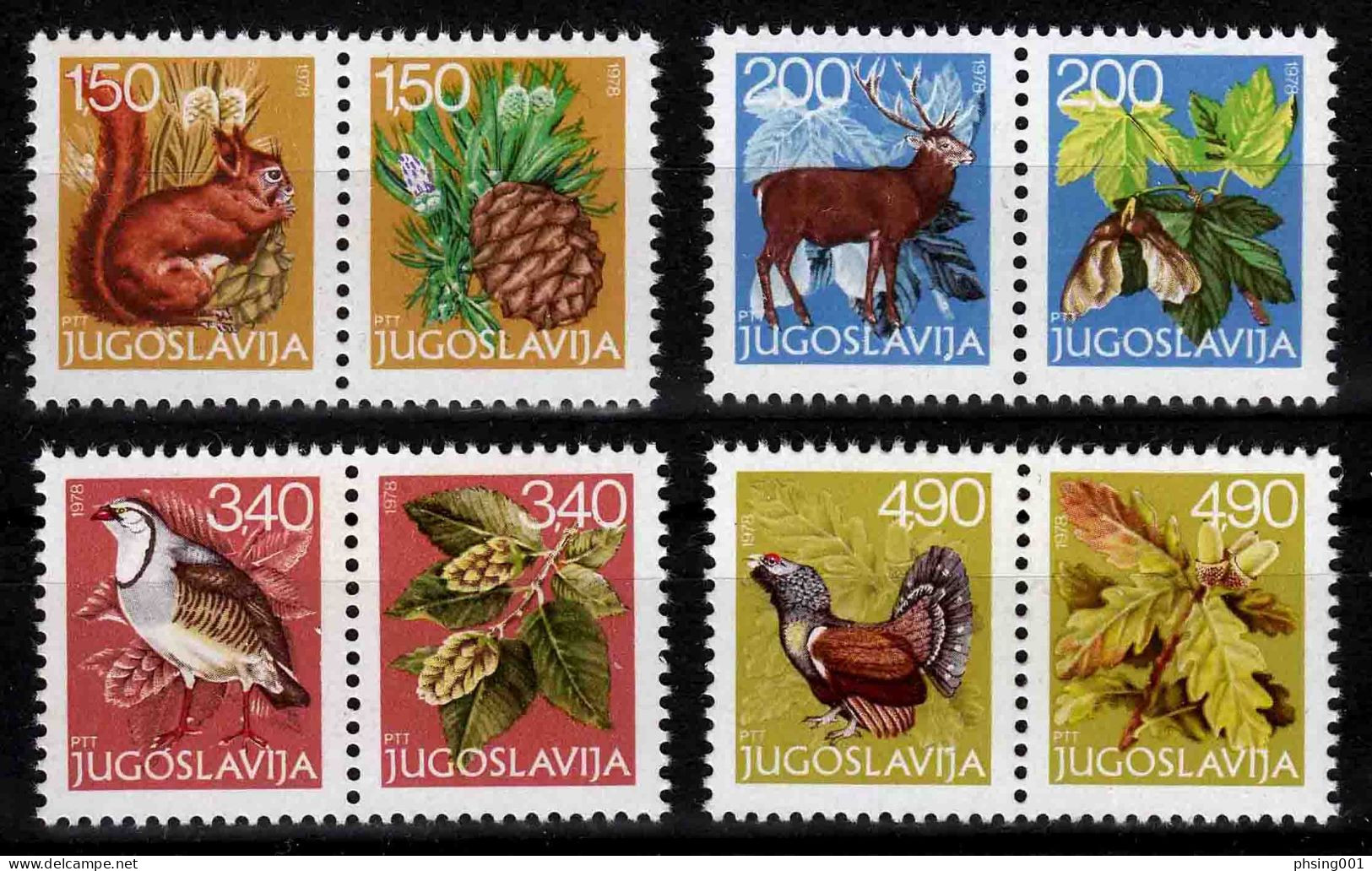 Yugoslavia 1978 New Year Fauna Animals Birds Red Deer Partridge Grouse Flora Sycamore Leaves, Set In Pair MNH - Nouvel An