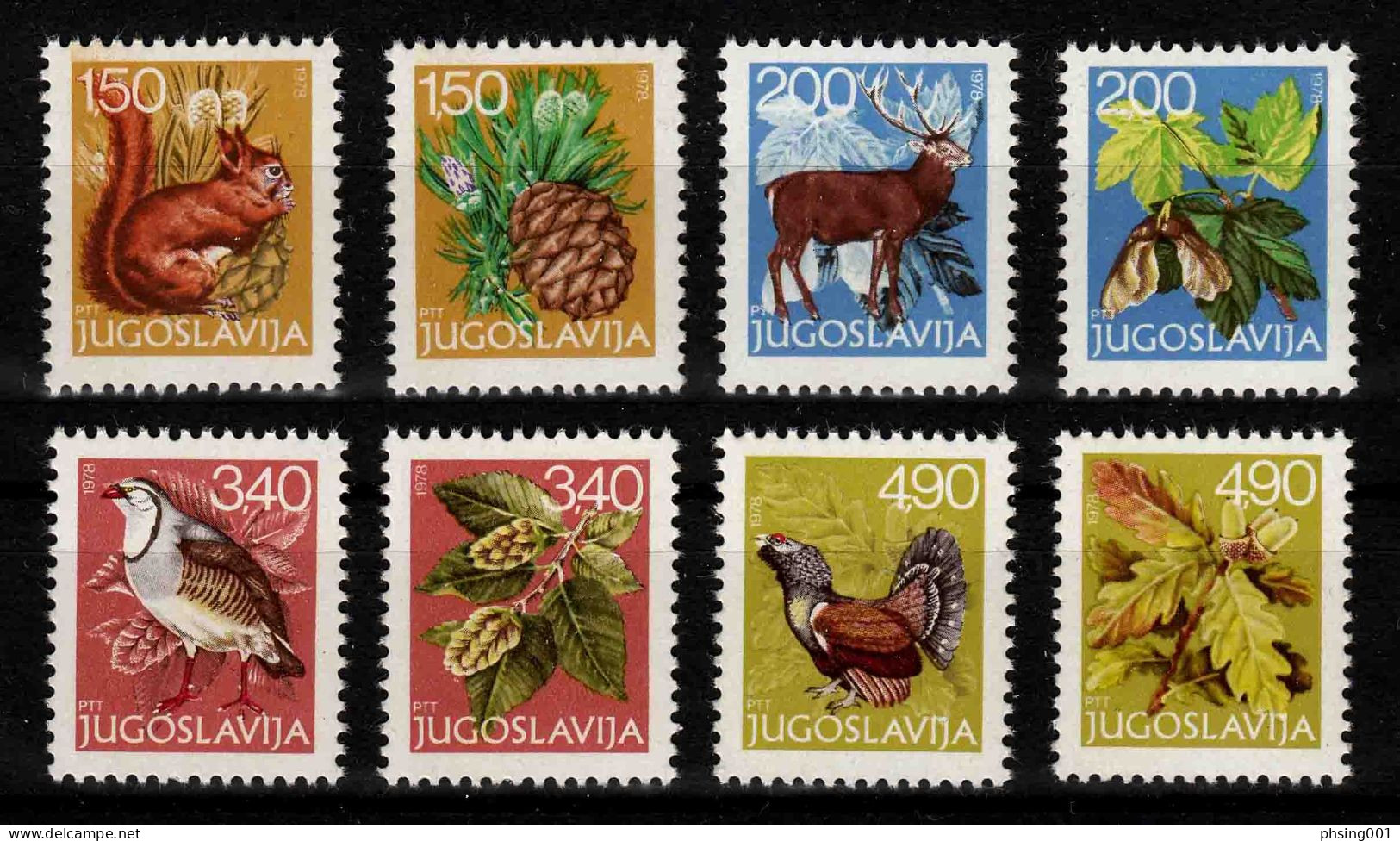 Yugoslavia 1978 New Year Fauna Animals Birds Red Deer Partridge Grouse Flora Sycamore Leaves, Set MNH - Neufs