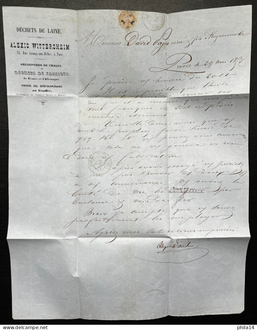 N°14 20c BLEU NAPOLEON SUR ENVELOPPE / PARIS POUR ROQUECOURBE / 29 MAI 1857 / LAC - 1877-1920: Période Semi Moderne