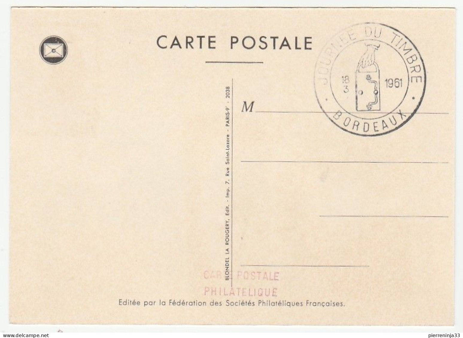 Carte  Maximum Journée Du Timbre, Bordeaux , 1961 - 1960-1969