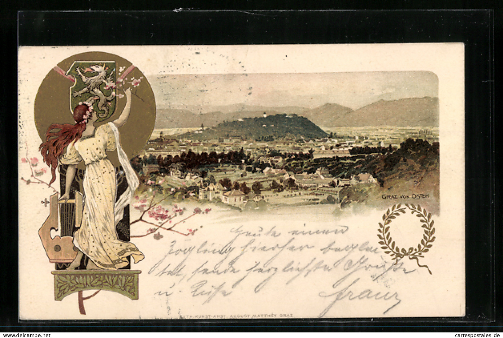 Lithographie Graz, Panorama Des Ortes, Frau Mit Harfe Vor Dem Ortswappen  - Other & Unclassified