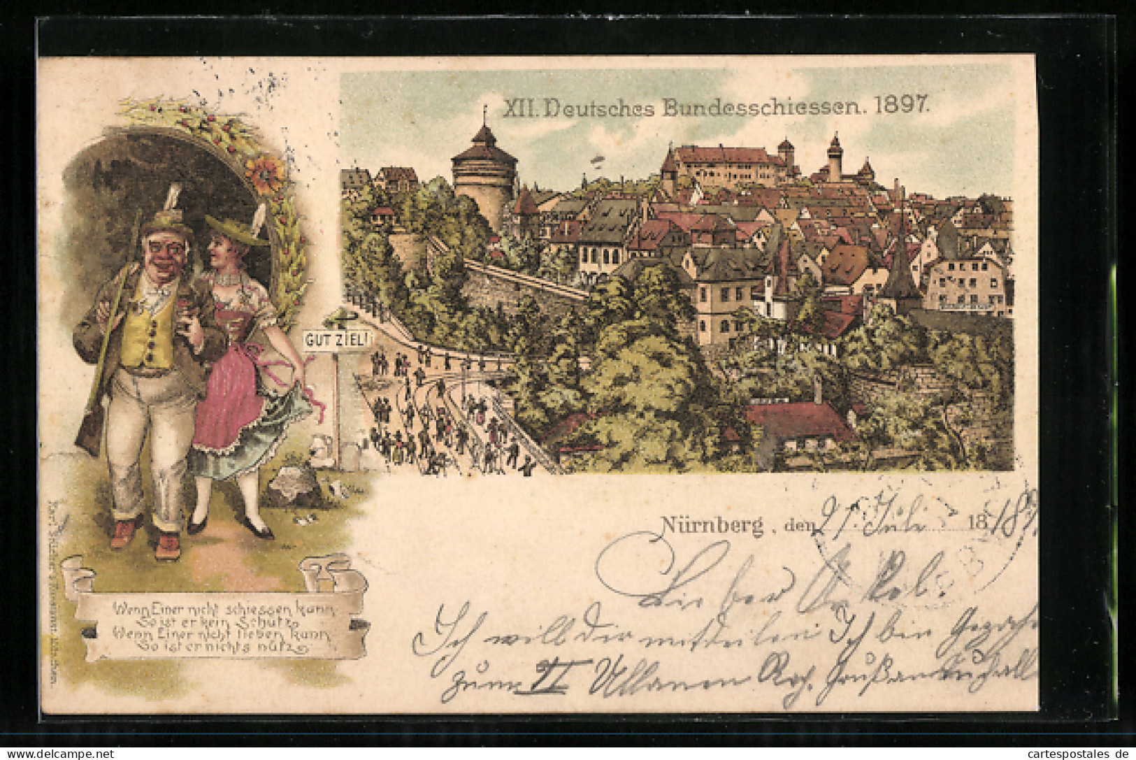 Lithographie Nürnberg, XII. Deutsches Bundesschiessen 1897, Teilansicht, Schütze Mit Frau In Tracht  - Jagd
