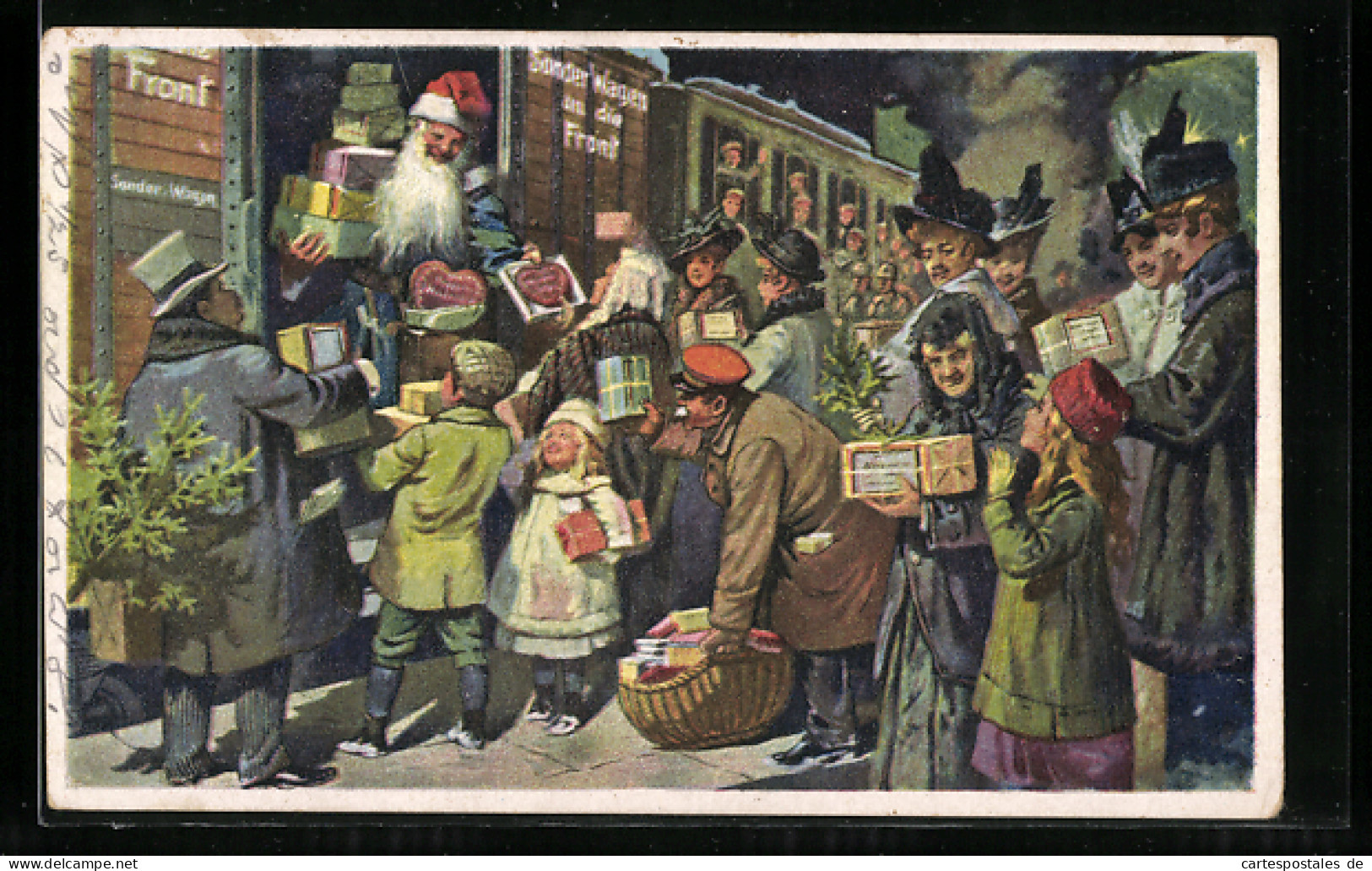 AK Der Feldgraue Weihnachtsmann Fährt Zur Front, Familien Mit Liebesgaben Am Zug  - War 1914-18
